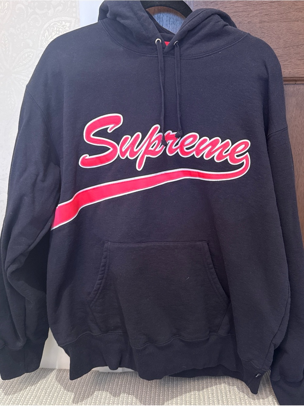 Supreme Black Hoodie with Red Script and Swish